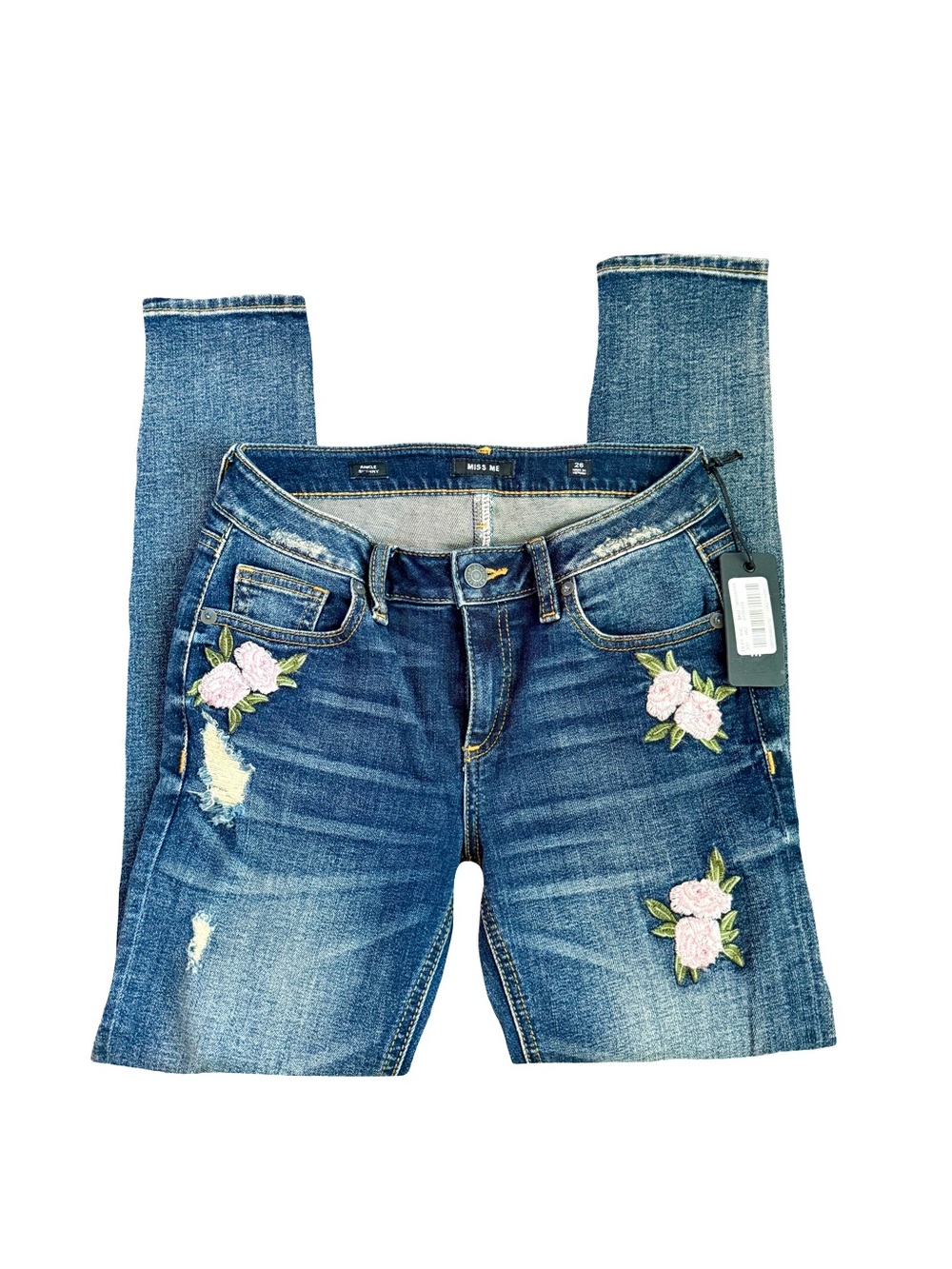NWT MISS ME BLUE FLORAL EMBROIDERED ANKLE SKINNY DENIM JEANS // SIZE 26🌸